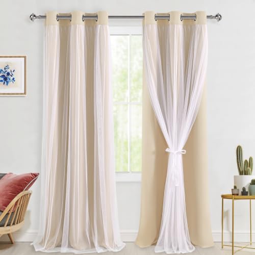 Hiasan Blackout Curtains with Sheer Overlay, Beige, 42W X 96L, 2pcs