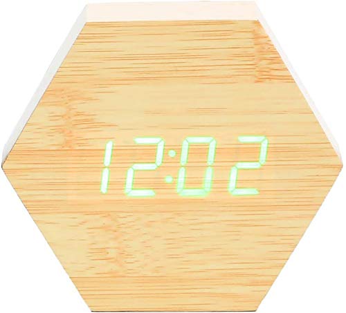 Digitaler Wecker aus Holz, aktiviert durch Touch- oder Sound-LED-Smartwatch am Bett mit Thermometerdatum und 3 gelben Alarmen