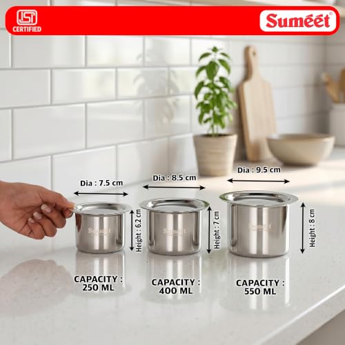 Image of Sumeet ISI Certified Stainless Steel Ganj /Milk Boiler /Tope /Cookware Set of 3 Pcs with Lid, Gas and Induction Friendly, 250ml, 400ml, 550ml, Silver