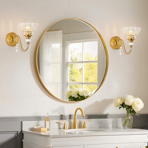 Image of 1 Piece Vintage Wall Sconce, 1-Light Brushed Gold Finish Wall Sconce with Hanging Crystal Accents and Flower-Shaped Clear Shades for Bathroom Bedroom Living Room,Vintage Vanity Light
