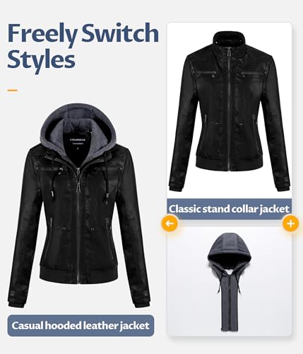 CREATMO US Women's Faux Leather Jacket Waterproof Motorcycle Bomber Jacket Vintage PU Moto Biker Coat With Removable Hood4