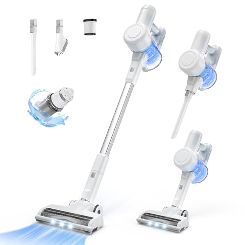 Sweetcrispy Stick Cordless Vacuum Cleaner Vac eléctrico Recargable de Mano con LED, hasta 45 Minutos, Potente succión, versátil para alfombras, Piso Duro, Pelo de Mascotas, Blanco y Gris