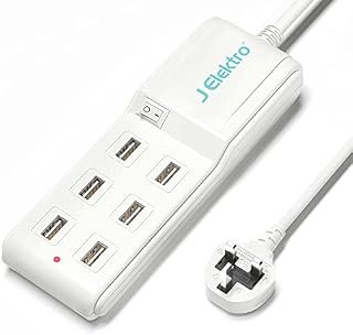 J Elektro USB Hub Extension Lead ,6-Port USB Power Supply Desktop Charging Station Hub with Surge Protector, Charger Socket with 5V/7.1A Charger Adapter UK Plug with 1.5M Extension Lead-White