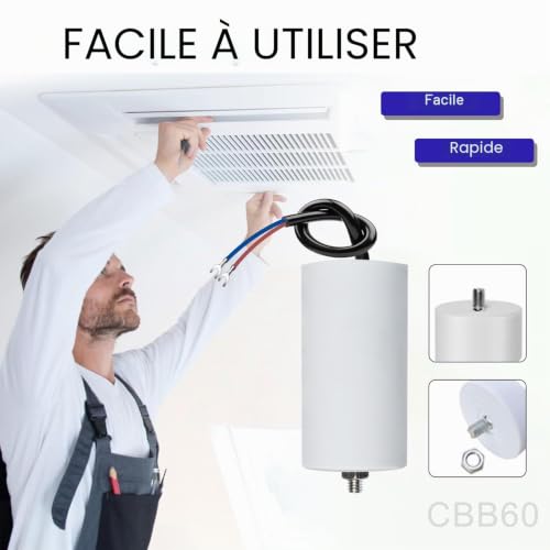 ANGEEK CBB60 450V 40µF 50/60HZ Condensateur,Condensateur de démarrage,condensateur cbb60,condensateurs,avec fils M8,50x106mm,40UF,Pour moteur,Pompes de piscine,Fendeurs de bois – vue 4