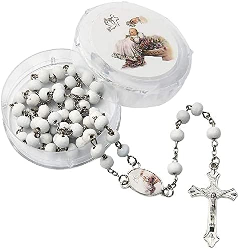 YRP Gifts 12 Pcs Baptism Party Favors White Scented Wood Rosary Guardian Baby Angel Our Lady of Guadalupe San Judas First Communion Boyand Girl Recuerdos de Bautizo Communion (Angel Baby White)