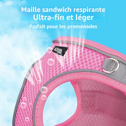 AIITLE Ensemble Harnais et Laisse pour Chien - Harnais Anti-Traction avec Bandes réfléchissantes, Harnais d'extérieur réglable pour Chiens de Petite et Moyenne Taille Rose Pur M – vue 5