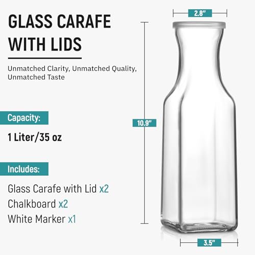 image for NETANY Set of 2 Square Glass Carafe, 1 Liter Clear Glass Pitcher with 