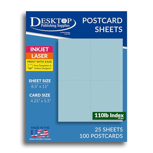 Desktop Publishing Supplies 空白色 4枚 ポストカード用紙 - 25枚 / はがき100枚パック - レーザーまたはインクジェットプリンタで印刷可能 - 無地マットカードストック (プレーンブルー)（Amazon）