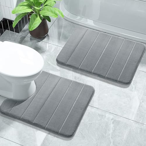PHP Super Soft Memory Foam Velvet Mat - Modern Design Anti Slip Bath Mat 2 Pieces Sets 50 x 80 cm, 50 x 40 cm Washable Bathroom Door Mat - Grey