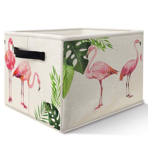 Likjad Pink Flamingo Storage Bins Basket, Tropical Monstera Palm Leaves Flamingo Collapsible Fabric...