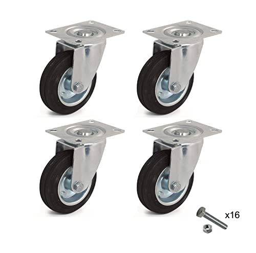 Castors Wheels - Kit 4 Ruote industriali 80 mm in acciaio e gomma senza freno - ruote pivotanti per carrello e carichi pesanti - portata max 200 kg - Rotelle per mobili, banchi da lavoro e fai da te