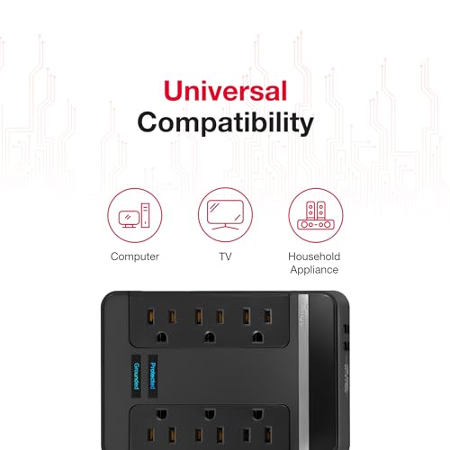 Rocketfish 6 Outlet/2 USB Swivel Wall Tap 2100 Joules Surge Protector - Flat Power Strip Plug with USB Ports - Power Strip Surge Protector with Noise Filter & Low-Profile Design - Black