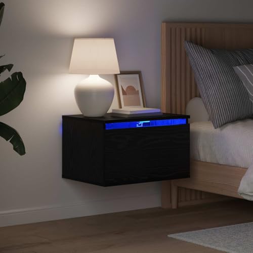 Table de chevet murale chêne noir 50x36cm avec tiroir et LED