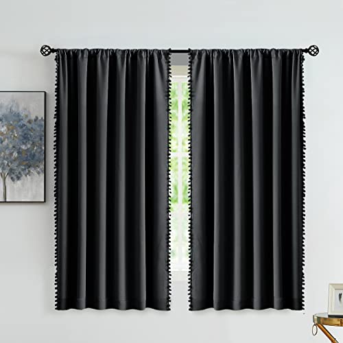Image of Treatmentex Pom Pom Black Blackout Curtains for Bedroom 63 inch Long Thermal Insulated 100 Full Blackout Window Panels for Living Room Drapes Nursery Kids Guest Room 52 inch w x2 Panels Rod Pocket