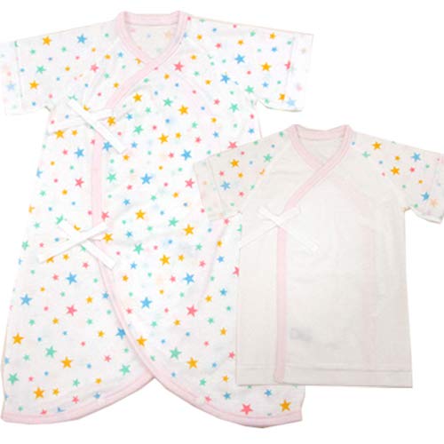 ★日本製★星柄フライス肌着セット(コンビ肌着+短肌着) 外縫い サイズ50-60cm 綿100% (ピンク)