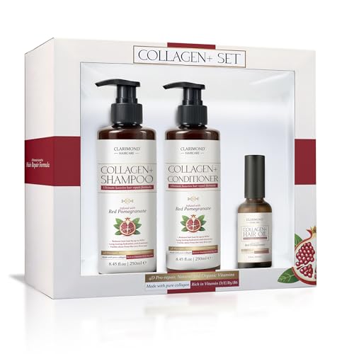 CLARIMOND Collagen Booster Tratamiento Completo Anti-Caída del Cabello - Champú, Acondicionador y Aceite Capilar | Protección UV | Queratina y Vitaminas D/E/B5/B6.