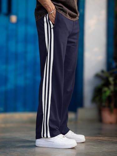 Image of Men's Track Pants with White Side Stripes | 4-Way Lycra Twill Polyester Straight Relaxed Fit Joggers | Mid-Rise Flexi Waist Lounge Bottoms