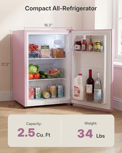 Image of Upstreman 2.5 Cu.Ft All-Refrigerator Mini Fridge, Single Door Small Refrigerator, Dorm Fridge with 7 Adjustable Thermostat, Compact Refrigerator for Office, Bedroom or Dorm, Pink-CR26