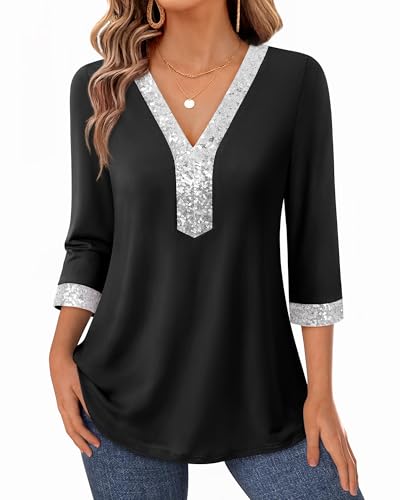 VALOLIA Blouses for Women Dressy Casual Sequin V Neck - Spring Tops for Women 2026 Trendy Career Wear 3/4 Length Sleeve Sparkly Tunic Shirts for Work Night Out and Cocktail Black