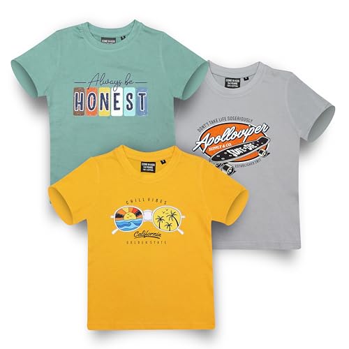 Image of Boys Typographic Printed 100% Cotton Half Sleeve T-Shirt for Boys Pack of 3-BT07-08