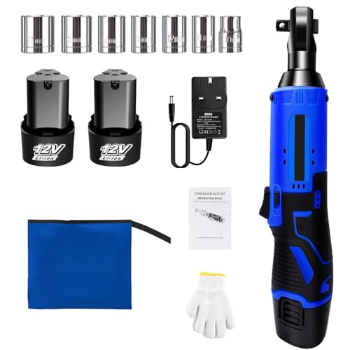 12V Electric Ratchet Wrench, 3/8" Square Joint Cordless Kit with x2 1500mAh Lithium-Ion Battery - Long Endurance Right Angle