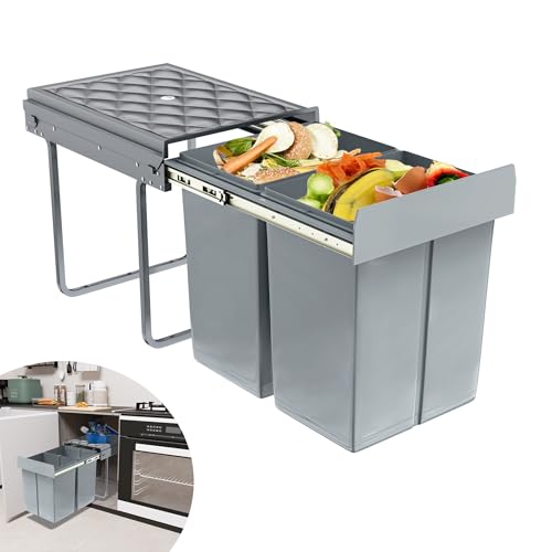 Suusolny Gris 2 x 20L Poubelle intégrée Système de tri des déchets Extractible Conteneurs multiples Collecteur de déchets Poubelle de placard Odeurs étanches Accès confortable pour la cuisine