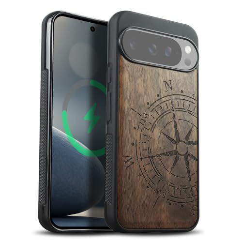 Carveit Magnetic Wooden Case for Google Pixel 10 Pro XL Case, Wood Artisan Engraved & Soft TPU Shockproof Cover, Compatible with MagSafe Wireless Chargers (The Incomplete Compass) Walnut