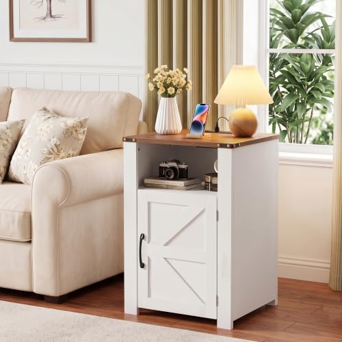 Image of VECELO Set of 2 Farmhouse Nightstands with Charging Station, Rustic Wooden Bedside Tables,End Tables with Open Shelf & Hidden Storage Cabinet for Bedroom, Living Room, White