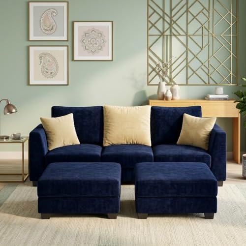 Image of SOCOZI Evanto 5 Seater L Shape Sofa Set with 2 Movable Ottomans | Flexible Layout| Soft Velvet Suede Fabric|Modern Sofa | Plush Comfort Cushions for Living Room (Cream-Dark Blue)