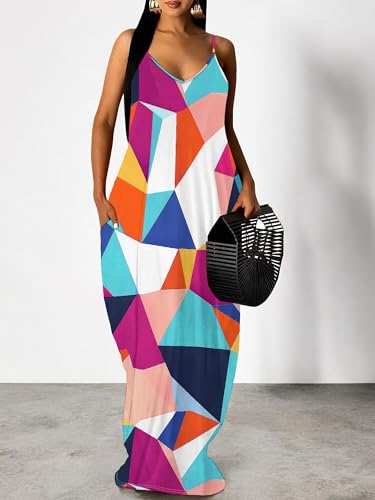 Image of Women's Summer Maxi Dress Spaghetti Strap Floral Boho Beach Long Sundress with Pockets