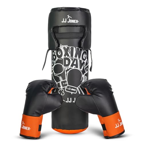 Image of JJ Jonex Sports Kids Boxing Punching Bag Set - Heavy Boxing Bag, Gloves, MMA, Home Gym & Martial Arts Training Equipment | for Boys & Girls for Age 3 4 5 6 7 8 Years | Black Color |