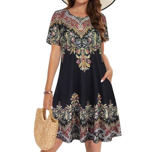 Summer Dresses for Women Casual Tshirt Short Sleeve Floral Sundress Beach Cover Ups with Pockets 2026 Small Black Yellow Boho