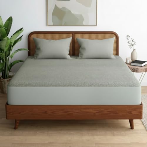 Image of Livspace 100% Waterproof Premium Cotton Mattress Protector Queen Size | 78 inch x 60 inch | Mattress Cover, Noiseless, Breathable & Hypoallergenic Bed Protector, Fits Upto 10 inch - Bello Pure Canopy (Steel Grey)