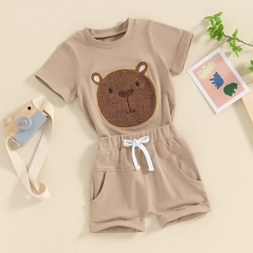 Baby Bear Outfit Toddler Boys Girls Embroidered Fuzzy Bear Shirt Tops Elastic Waist Jogger Short 2Pcs Summer Clothes2