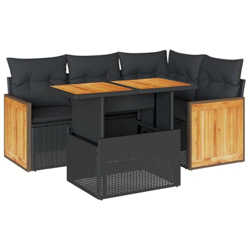 vidaXL Salon de Jardin 5 pcs avec Coussins Noir résine tressée Acacia