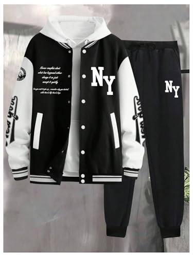 SOLY HUX Men's Tracksuit 2 Piece Outfits Color Block Letter Graphic Long Sleeve Varsity Jacket and Pants Set3