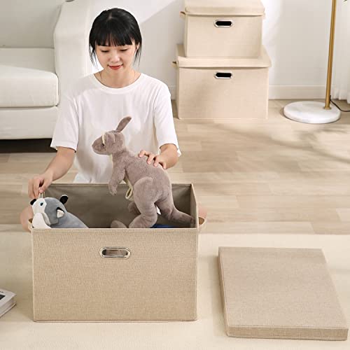Image of HOKIPO Polyester Linen Multipurpose Storage Box With Lid For Wardrobe, Home And office, Beige, Large, Pack of 2 (Ar-4369-L*2) Rectangular