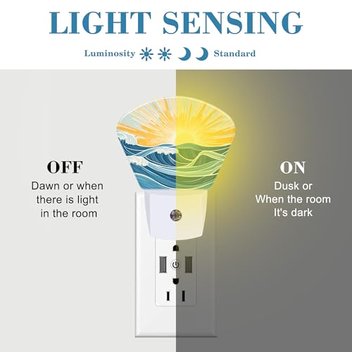 Image of Sunrise Over The Sea Night Light Waves and Sun Nightlight Plug into Wall with Dusk to Dawn Sensor for Kid Girls Boys Women Men Room, Hallway, Kitchen, Bathroom, Stairs Decor