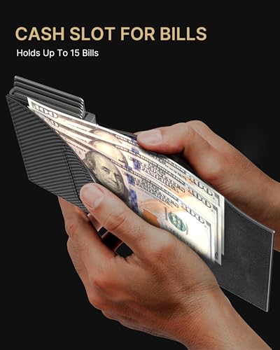 typecase Mens Wallet Card Holder: Pop Up Aluminum Case, Genuine Leather, Smart, RFID Blocking, Slim, Minimalist, Front Pocket - 9-14 Card Capacity | ID Window | Cash Slot (Carbon Fiber) - Image 9