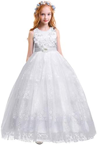 Little Big Girls’Tulle Retro Vintage Prom Formal Dresses Flower Lace Pageant Party Wedding Floor Length Dance Evening Gown White #1 5-6 Years