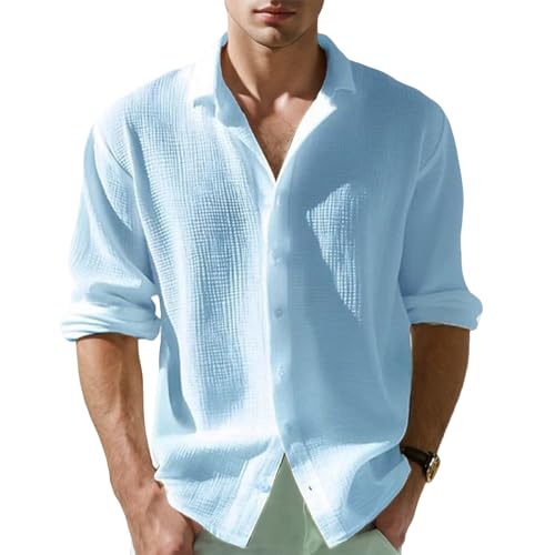 Waffle Knit Long Sleeve Button Down Shirt Men Summer Casual