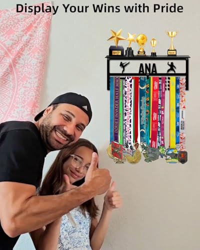 Image of Personalized Medal Hanger Display with Trophy Shelf | Custom Name, 3 Sizes, 3 Colors & 100+ Sports Icons Baseball, Football, Dance, Gymnastics, Running, Soccer & Swimming