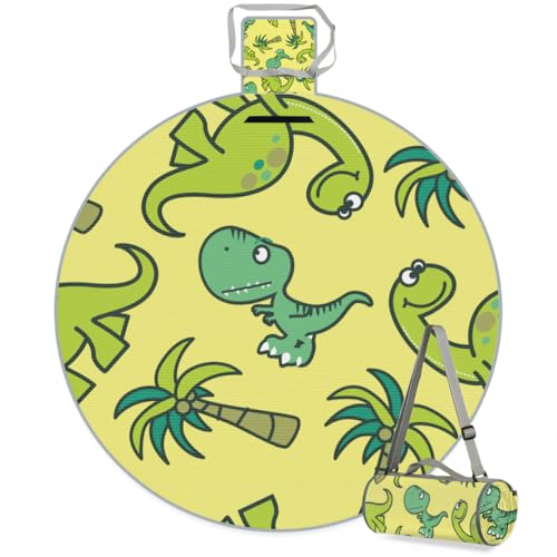 Shimoshe Cartoon Cute Dinosaur Picnic Outdoor Blanket Foldable Waterproof Sandproof Beach Blanket Portable Water-Resistant Round Picnic Mat for Travel Camping Park Lawn