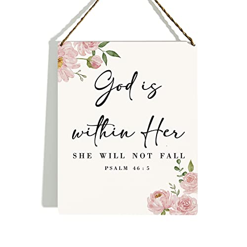 KongMoTree Bible Verse Wall Decor Wooden Hanging Sign, Christian Wall Decor, God Is Within Her She Will Not Fall Psalm 46:5, Scripture Wall Art Decor for Farmhouse Home Office, 8 x 10 Inches