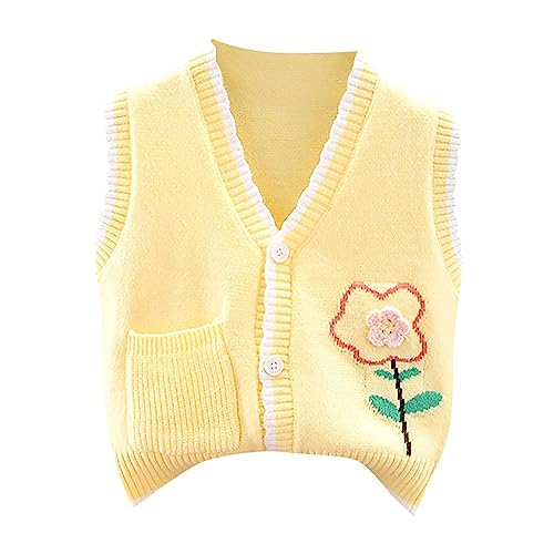 Toddler Baby Girls Floral Knit Sweater Vest Sleeveless Cardigan V Neck Button Down Shirt Flower (Yellow, 18-24 Months)