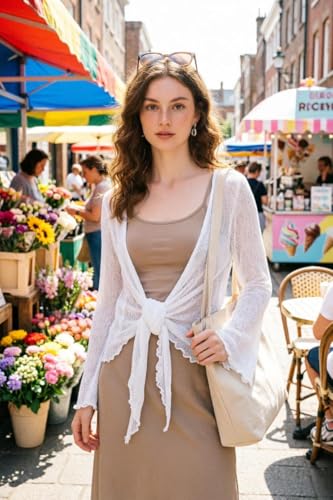 Image of Simple&Opulence Women's Bolero Shrugs Sheer Tie Front Mesh Cardigan Long Sleeve Lightweight Summer Sweater for Dresses