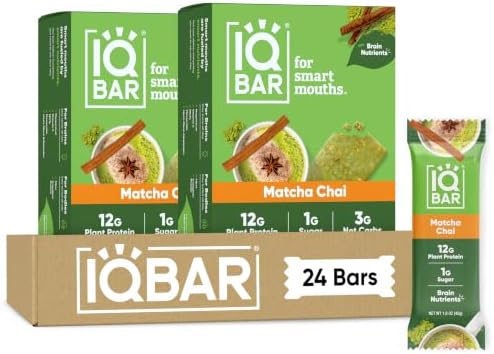 IQBAR Clean Protein Bars, Low Sugar Keto, Matcha Chai 24-Count
