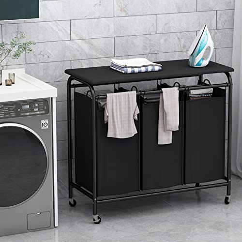 Linzinar 3-Bag Laundry Sorter Heavy Duty Rolling Lockable Wheels Laundry Hamper Cart With Ironing Board And Removable Bags, Black #TOP1