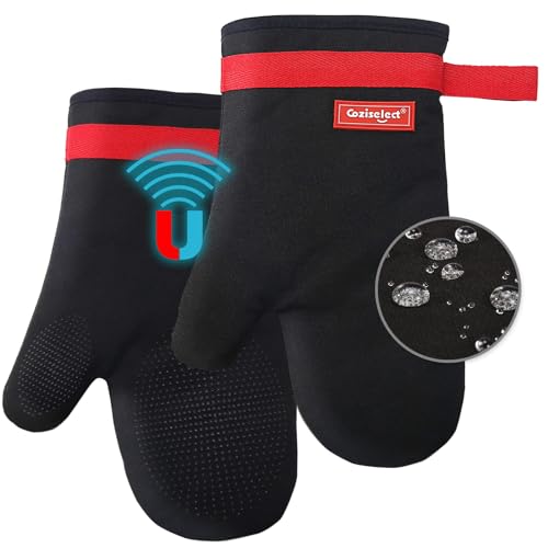 Guantes para Horno Coziselect, Guantes Resistentes al Calor, Diseño Antideslizante de Silicona, Diseño magnético, Adecuado para cocinar, Hornear, Asar a la Parrilla, Negro