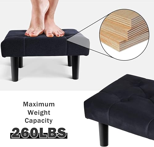 Image of Small Velvet Soft Foot Rest Footstool Ottoman with 4 Wooden Legs, Additional Seating Sofa Footrest for Living Room Entryway Set of 1 Black